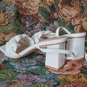 White Braided Strap Block Heel Mules Strappy Slides Wears Sz5